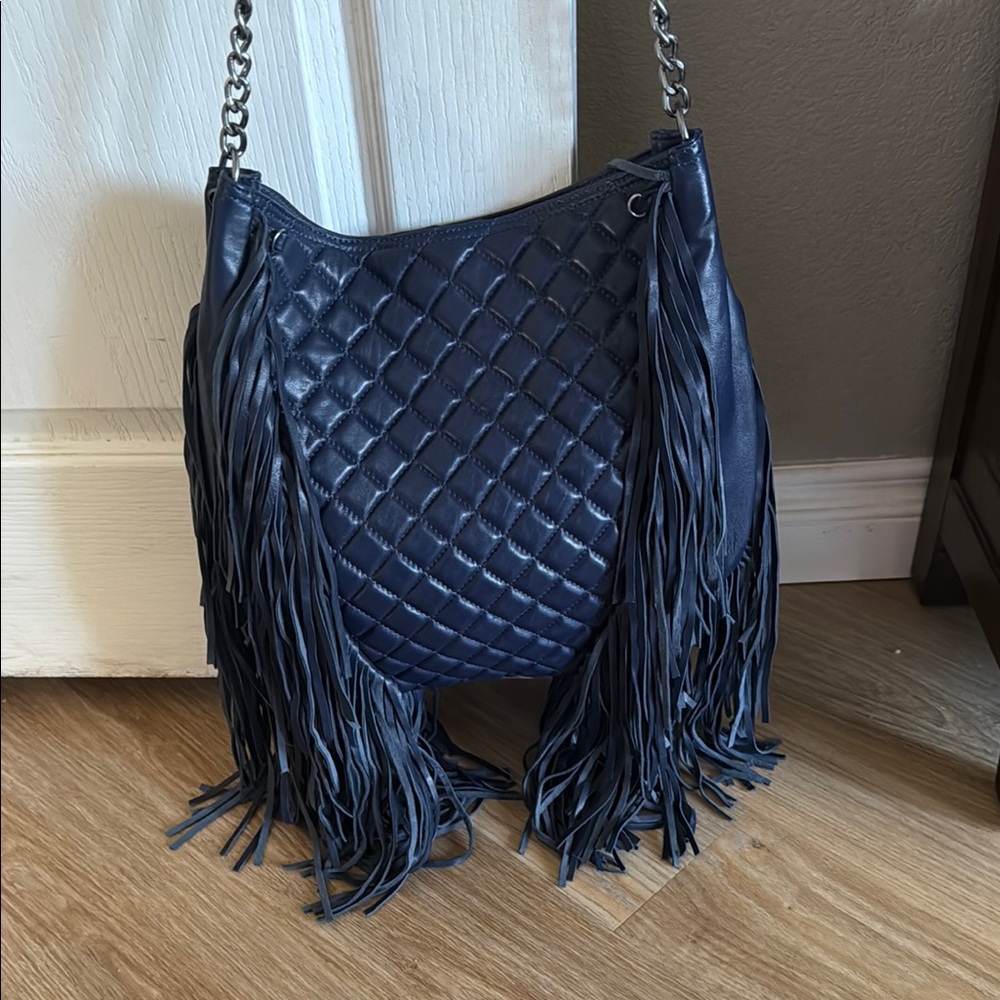 Fringed Quilted Blue Shoulder Bag